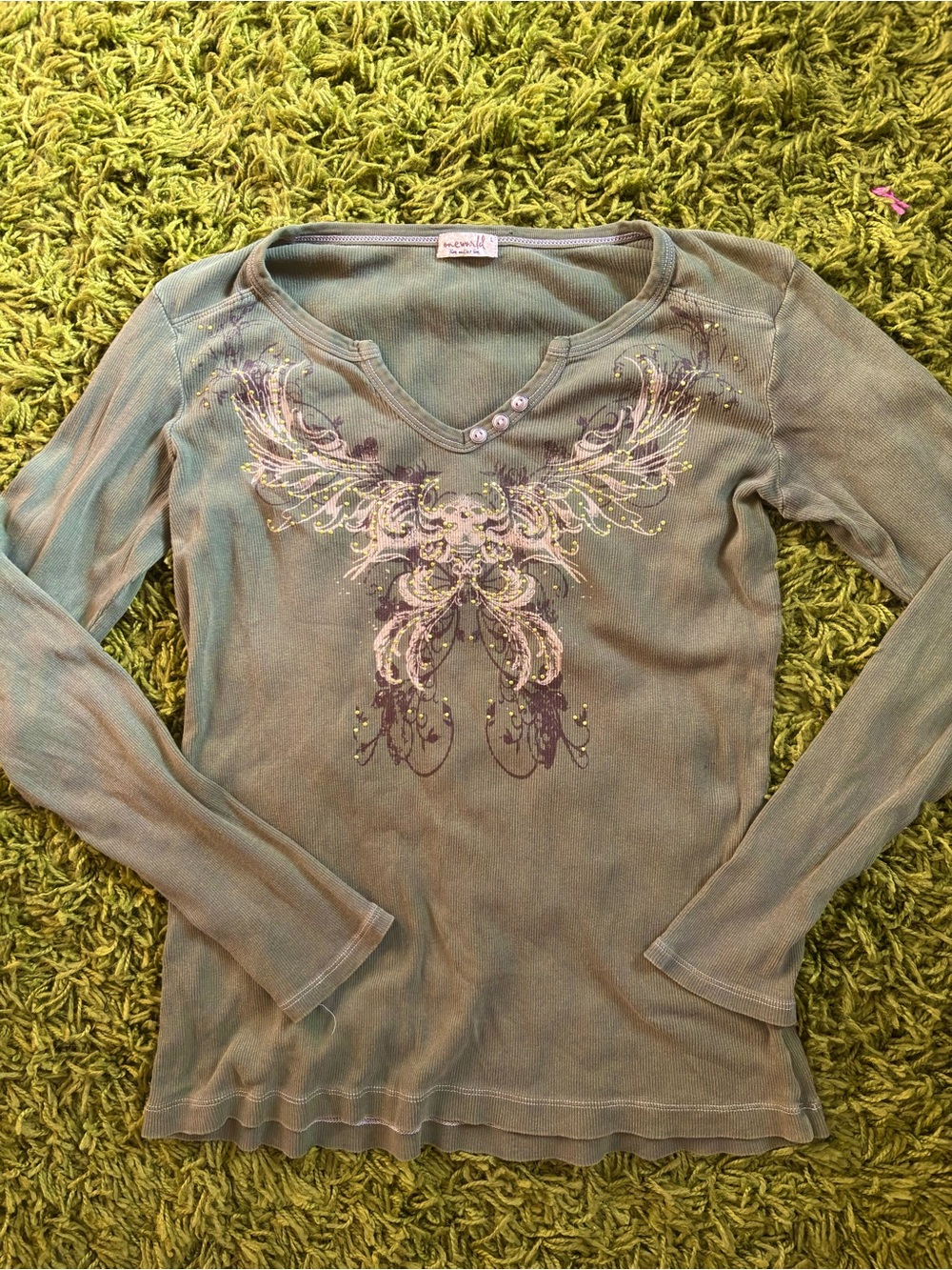 Y2K One World Olive Green Henley with Winged Bedazzled Embellishment